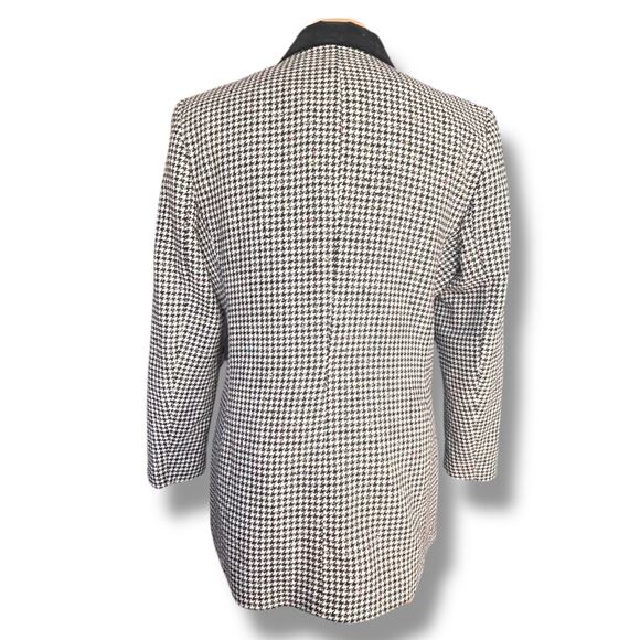 Vintage 90s Tailored Black White Houndstooth Blazer Jacket Velvet Collar Wool - Picture 6 of 11